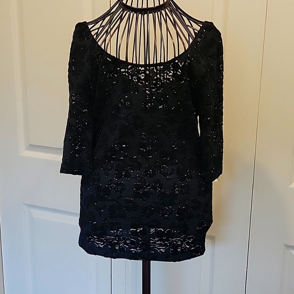 Anthropologie Tops - ANTHROPOLOGIE PURE + GOOD Black Stretchy Lacy Short Sleeve Top Size XS